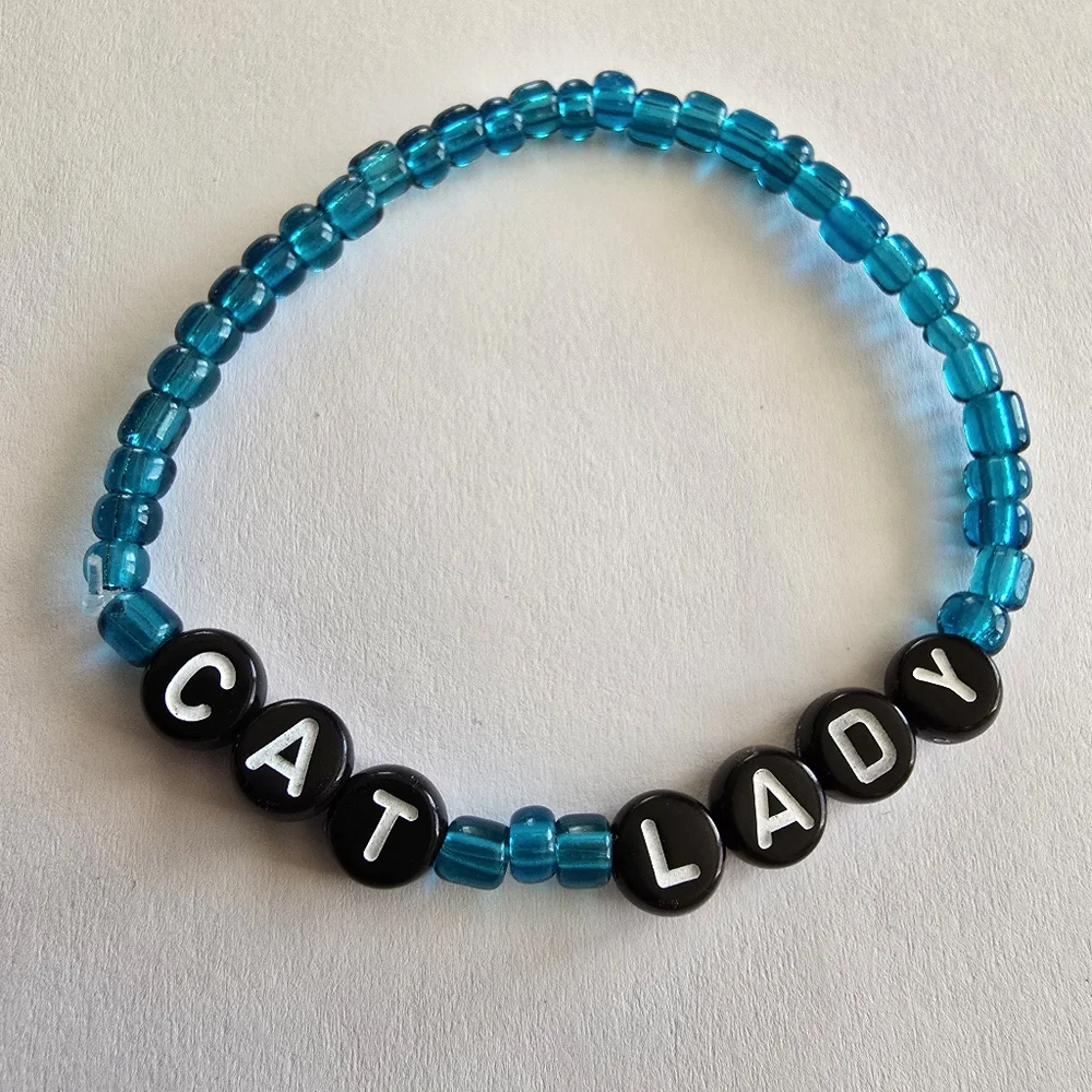Cat Lady bracelet teal blue stretch handmade beaded word friendship jewelry